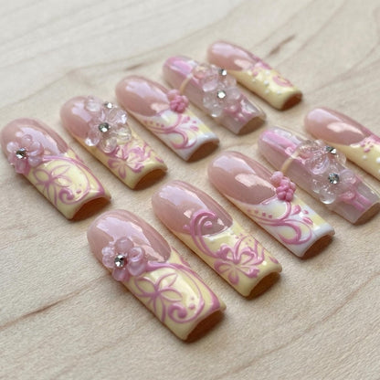 Y2K Pink French Tip Press On Nails, Coquette 3D Bow Long Square Set