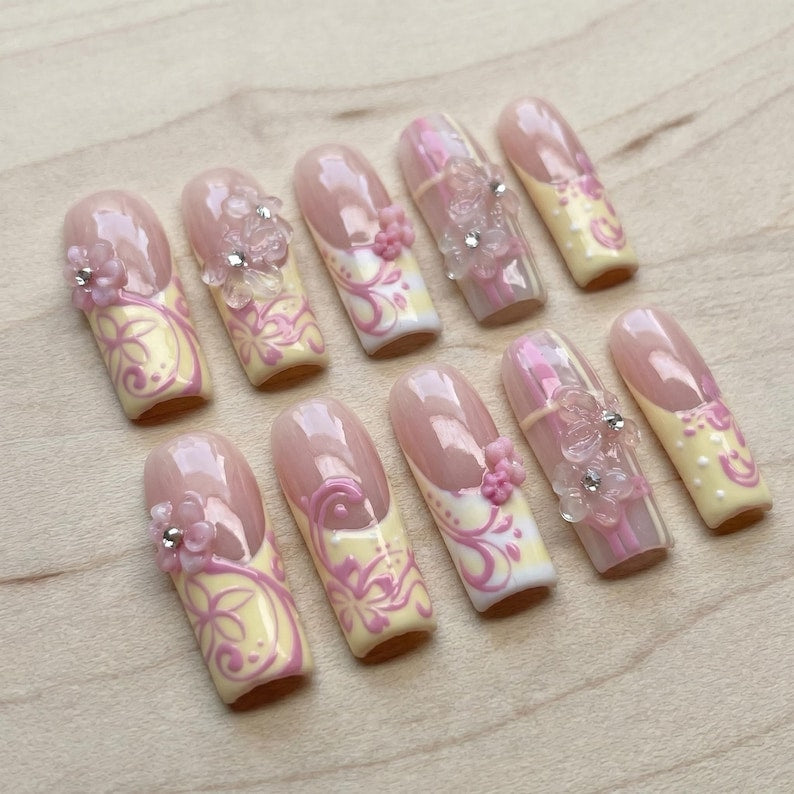 Y2K Pink French Tip Press On Nails, Coquette 3D Bow Long Square Set