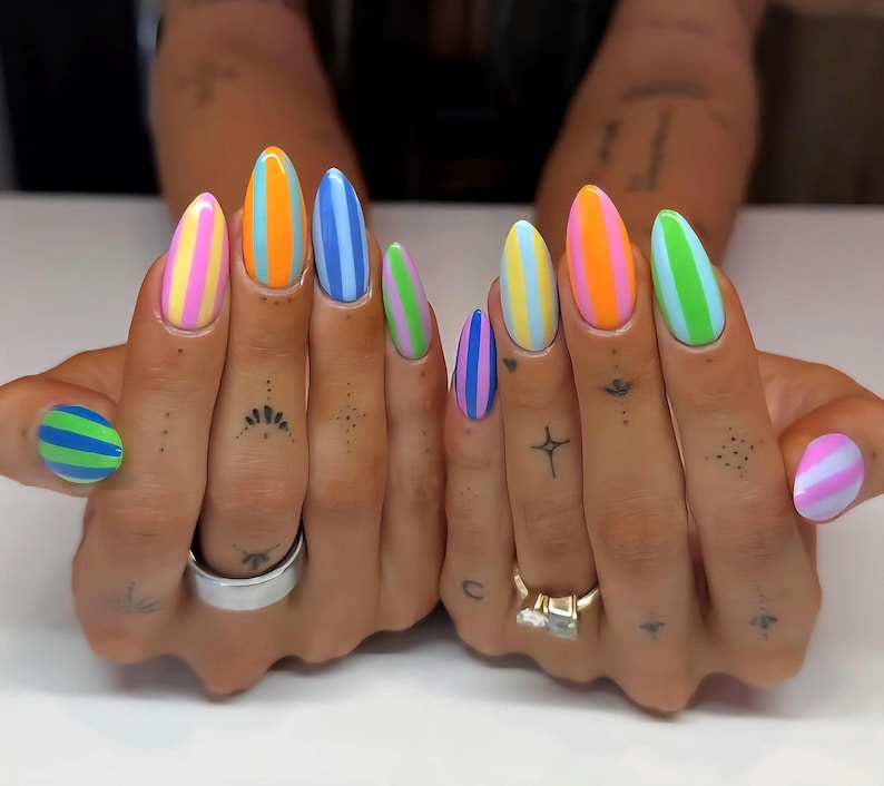 Pastel Rainbow Stripe Press On Nails | Colorful Candy Nails | Neon Stripe Nail Set | Summer Festival Nails |