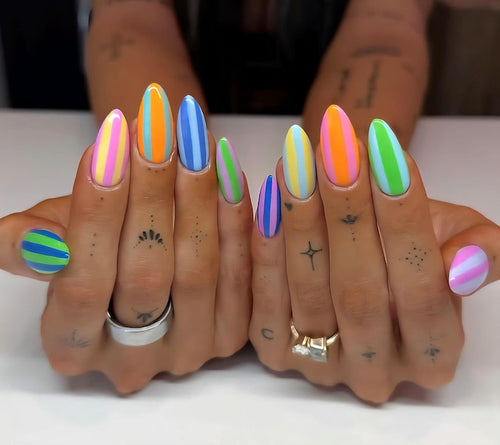Pastel Rainbow Stripe Press On Nails | Colorful Candy Nails | Neon Stripe Nail Set | Summer Festival Nails |