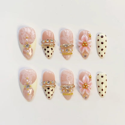 White lace nails/Yellow press on nails long almond nails/Elegant nails/3D Gel Nails/Gold Chrome Nails/bangle nails/Summer Birthday nails