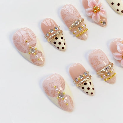 White lace nails/Yellow press on nails long almond nails/Elegant nails/3D Gel Nails/Gold Chrome Nails/bangle nails/Summer Birthday nails