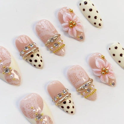 White lace nails/Yellow press on nails long almond nails/Elegant nails/3D Gel Nails/Gold Chrome Nails/bangle nails/Summer Birthday nails