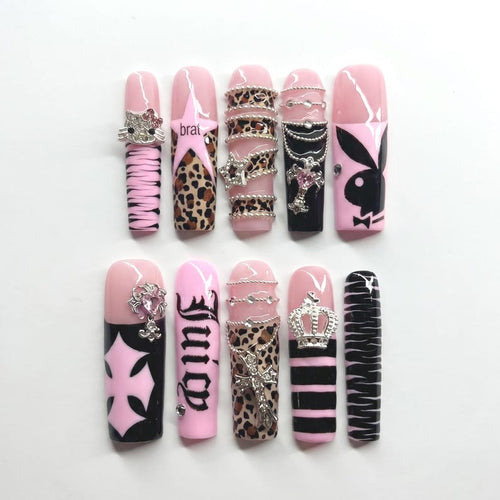 Pink Leopard Punk Press On Nails｜Black Bunny Crown Star Chain Design｜Zebra Print Rhinestone Charms｜Edgy Brat Y2K Long Square Nail Set