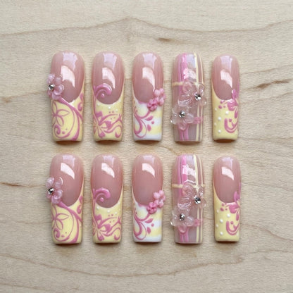 Y2K Pink French Tip Press On Nails, Coquette 3D Bow Long Square Set